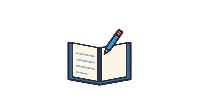 Minimalist icon illustrating an open journal with a pencil actively writing, representing knowledge acquisition, creative expression, planning, and effective note-taking