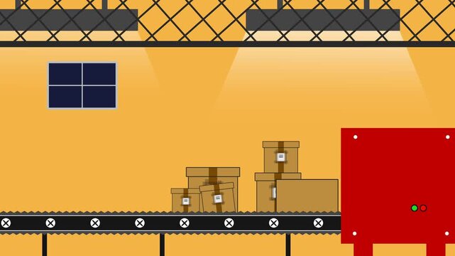 Warehouse conveyor sorting machine with stacked cardboard boxes, seamless loop 2D animation