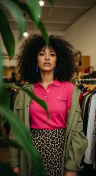 Stylish Young Woman with Curly Hair in Fashion Boutique wearing Pink Polo and Leopard Skirt ideal for retail marketing and lifestyle blogs. Vertical Orientation.