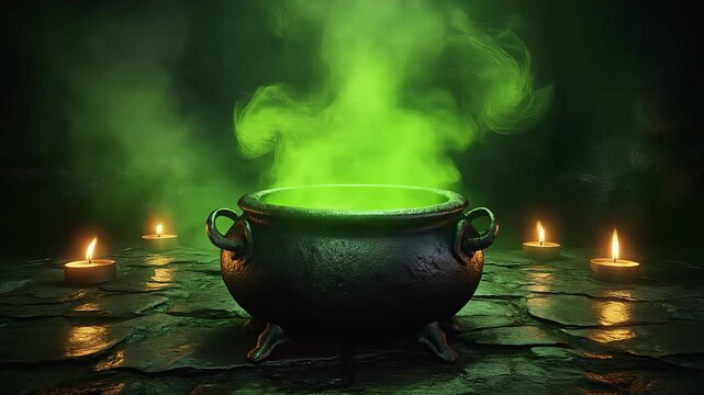 Glowing green magic potion boiling inside a dark black iron cauldron surrounded by burning candles on stone