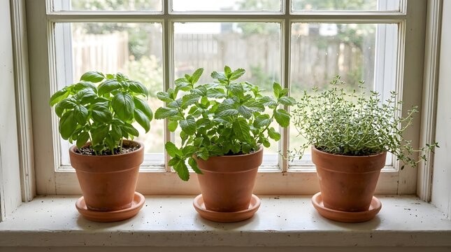 Three terracotta pots with fresh basil mint and thyme on windowsill in daylight