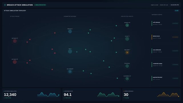 Cybersecurity breach attack simulation dashboard for network topology defense events, for real time threat detection, cyber defense, data protection monitoring