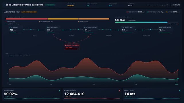 Cybersecurity dashboard with live ddos mitigation traffic flow attack defense metrics, for real time threat monitoring, data protection, secure network management