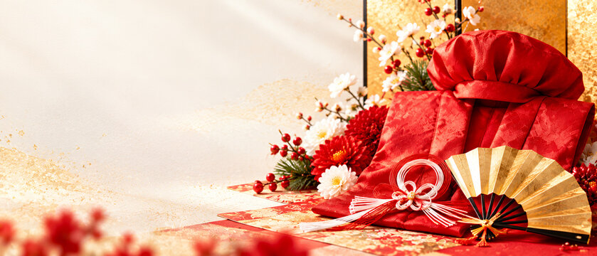 赤い祝い着と金色の扇子を紅白の花で彩った華やかな還暦祝いの背景
