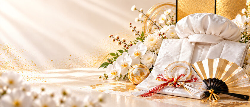 白い祝い着と金色の扇子を華やかな花々とともに飾った長寿祝いの和風背景