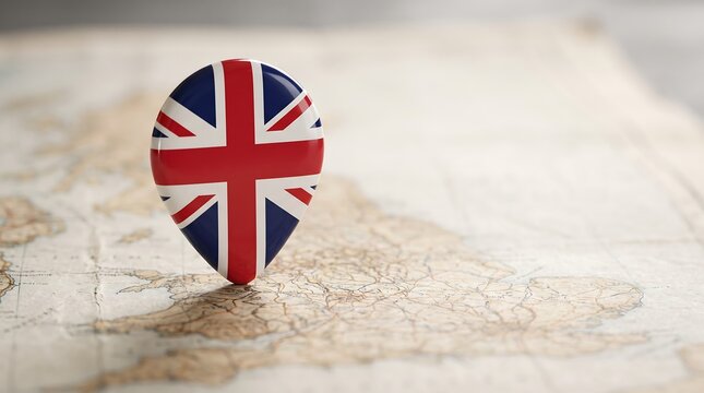 United Kingdom Flag Map Pin on Vintage World Map Representing British Travel, Tourism, Geography and International Business