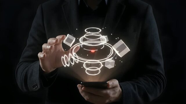 A man uses a digital smartphone to access emergency support and delivery services through a virtual holographic interface on dark background with help 4k video resolution