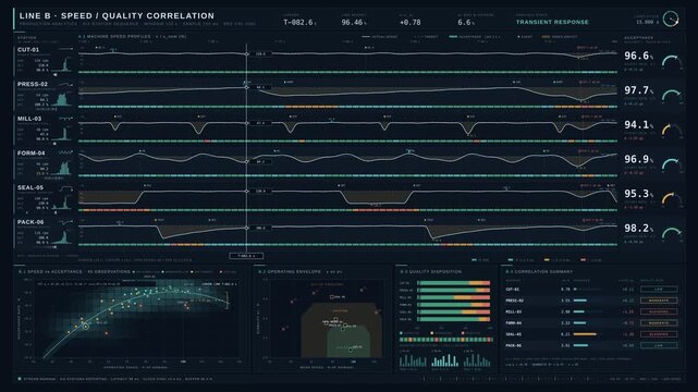 4K production line dashboard comparing machine speeds and quality acceptance rates with waveforms and scatter plots in dark blue interface for commercial creative technology and business use.