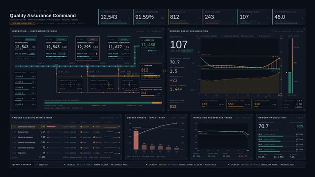 4K manufacturing quality dashboard tracking inspection failures, rework queue growth, and defect classification with industrial data visualization and animated process flow.