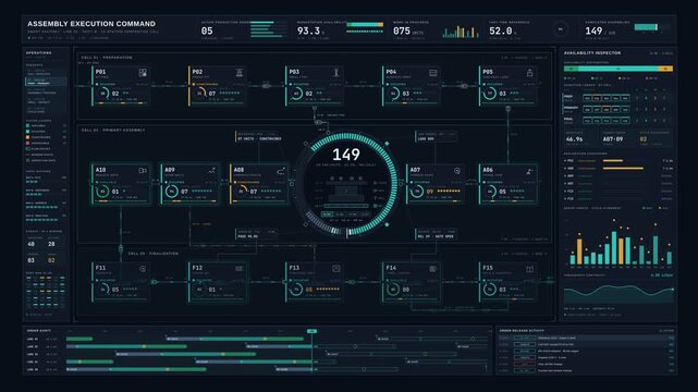 Cinematic smart factory dashboard visualizing real-time assembly progress, workstation availability, and industrial production flow in high resolution.