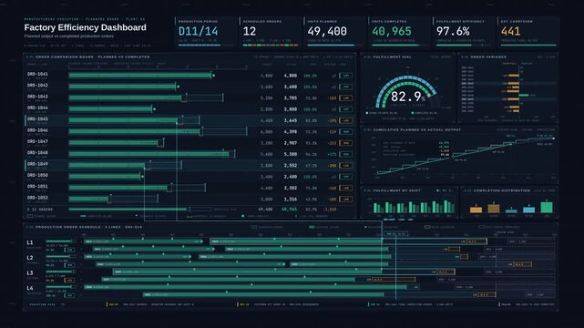 Cinematic 4K factory efficiency dashboard comparing planned output and completed production orders with Gantt charts, variance dials, and real-time manufacturing execution metrics on a dark navy.