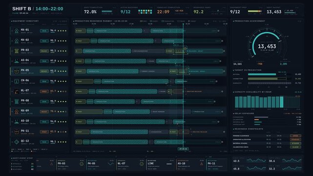 Dark mode factory operations dashboard tracking equipment readiness and shift output targets with animated production gauges and industrial data visualization.