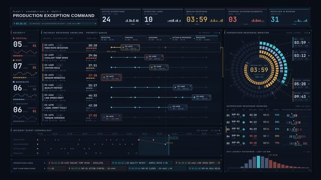 Manufacturing command center tracking production exceptions and supervisor response times with dark industrial dashboard interface for commercial creative technology and business use.