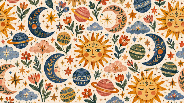 Whimsical Celestial Seamless Pattern with Sun and Moon Faces, Planets, Stars and Flowers