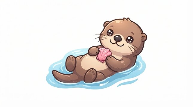 Cute otter floats on its back holding a seashell in the water.