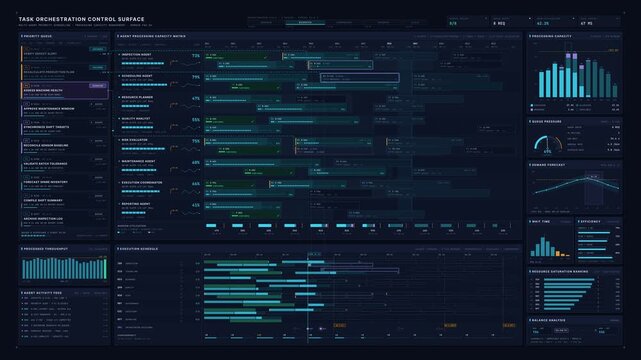 Multi-agent orchestration dashboard visualizing task priorities, agent workload balancing, and processing capacity management in a futuristic enterprise AI environment.