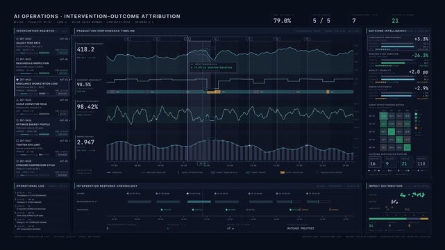 Dark mode AI operations dashboard tracking agent interventions, factory throughput, and performance outcomes with animated data visualizations for commercial creative technology and business use.