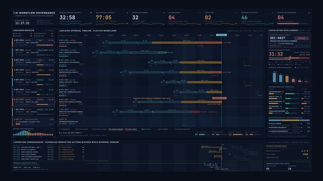 Premium enterprise AI workflow governance dashboard tracking approval delays, escalated operational decisions, and blocked execution in a dark command interface.