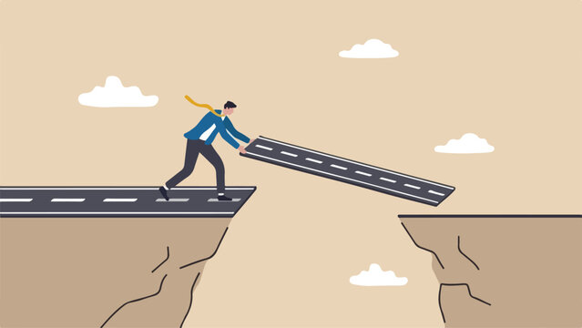 Runway Extension concept figure in suit sliding extra bridge panel over chasm clean minimal flat vector illustration