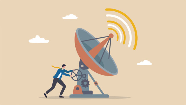 Signal Amplification concept figure in suit rotating massive parabolic dish toward open sky clean minimal flat vector illustration