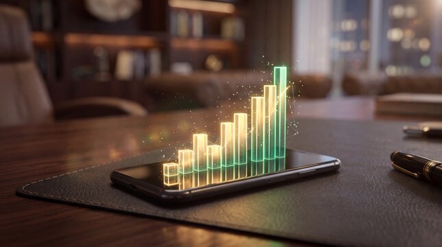 Close-up of smartphone on executive desk projecting glowing gold and green upward financial chart