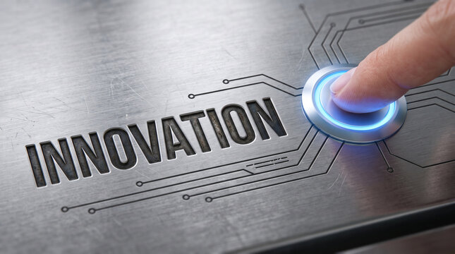Finger pressing a glowing blue button on a metallic surface with circuit board patterns and the word innovation engraved next to it