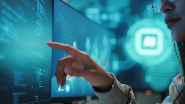 AI data analyst reviewing chart, close-up of woman hand in front of code monitor and AI chip screen