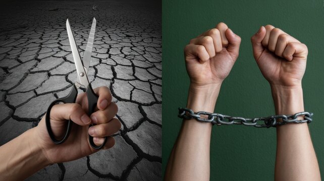 A hand holding scissors against cracked earth and a pair of hands bound by a metal chain against a green background with freedom