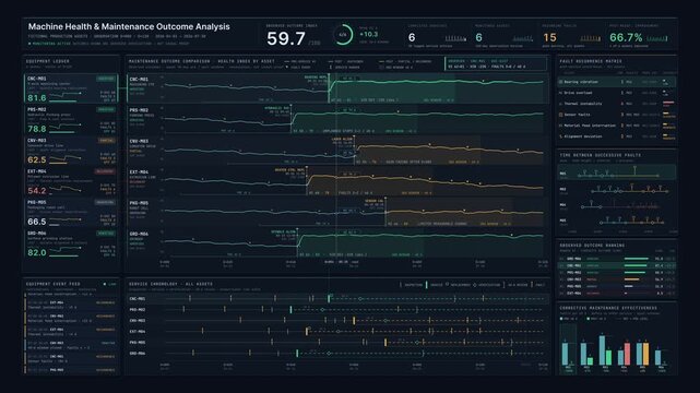 Premium 4K industrial machine health dashboard comparing maintenance outcomes, recurring fault patterns, and equipment reliability metrics with dark UI design.