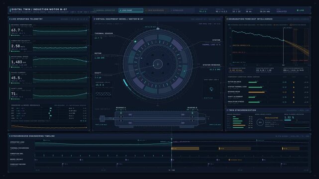 Cinematic digital twin motor dashboard comparing live operating telemetry, virtual equipment models, and degradation forecasts on a dark industrial interface with cyan and amber accents.