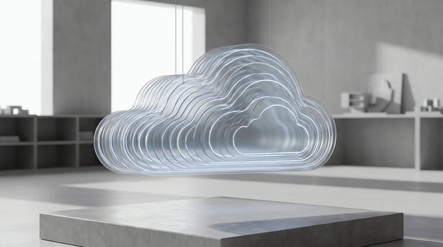 A glowing digital cloud icon floating in a modern office space representing cloud computing and data storage