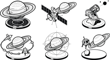 Isometric Space Exploration Vector Illustration Set Featuring Saturn Planet Satellite Telescope Celestial Orbit Grid and Moon Landing Mission Concept Elements © MDINSAN