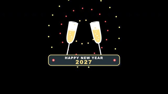 Flat animated New Year 2027 celebration champagne glasses toasting together with glowing bubbly and dynamic callout text on a transparent background