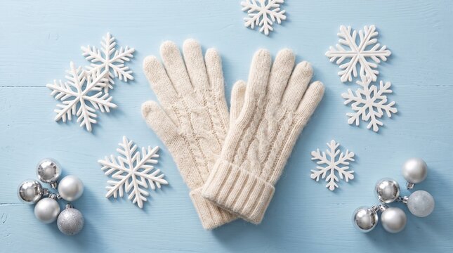 Cream cable knit winter gloves with white snowflakes and silver ornaments on a light blue wooden background