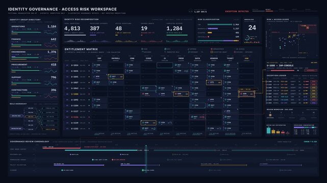 Premium enterprise identity governance dashboard animation showing user access risk matrix, permission exceptions, and review workflows on dark interface.