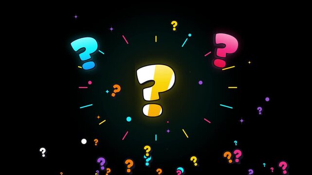 Colorful glowing question marks floating against a dark background in a creative digital animation sequence for modern design