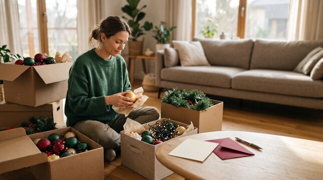 Woman unpacking Christmas decorations and ornaments from cardboard boxes in a cozy living room