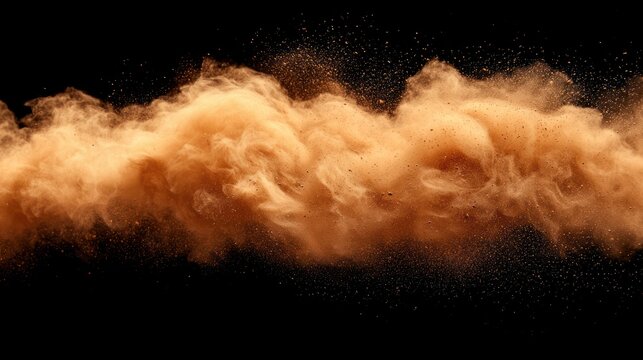 An abstract image showcasing a swirling cloud of rust-colored dust against a stark, black backdrop