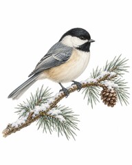 Vertical realistic watercolor illustration of chickadee perched on snow-covered pine branch during winter season with nature-inspired decor theme © Phunnada