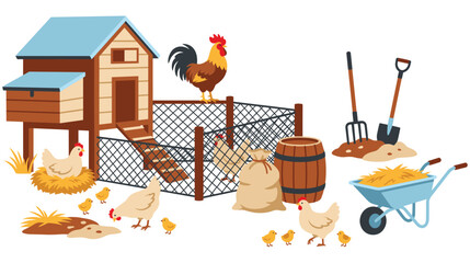 Chicken coop with farm animals and gardening tools for countryside living. © SADIKUR