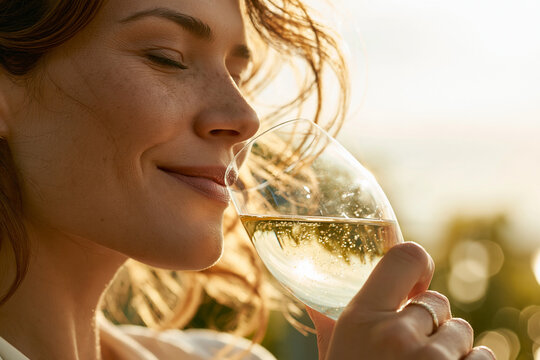 Woman smelling a glass of chilled white wine at sunset in the vineyard with close up profile