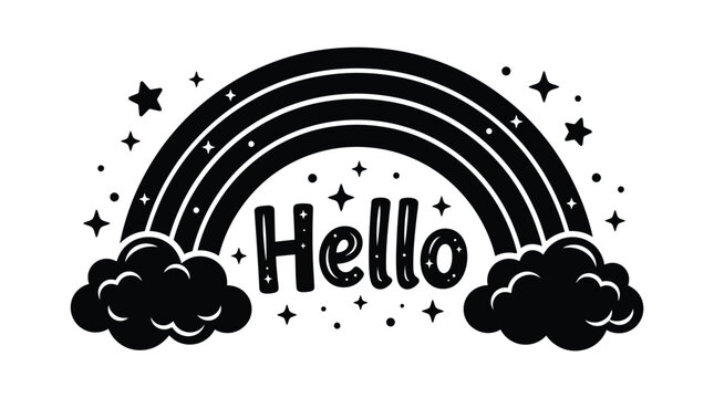 Black silhouette of a rainbow with clouds and the word hello