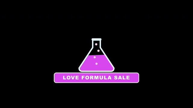 Flat design animation of a glass erlenmeyer flask filled with pink love potion and rising heart bubbles, a sweet valentine banner
