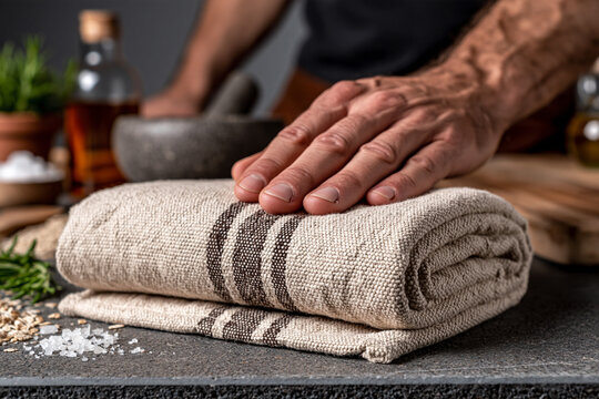 Hand pressing a folded vintage linen napkin on a rustic table with tablecloth