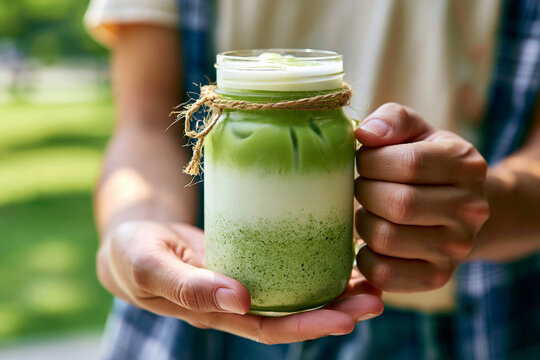 Person holding chilled matcha latte in glass mason jar with green tea iced drink beverage