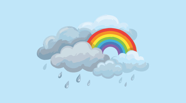 A clean vector illustration depicting a cluster of fluffy grey and white storm clouds. A vibrant seven-color rainbow arches behind the clouds, and several blue raindrops fall from the bottom. The enti