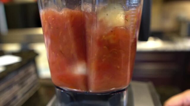 Electric blender mixing fresh tomatoes and garlic into a smooth soup