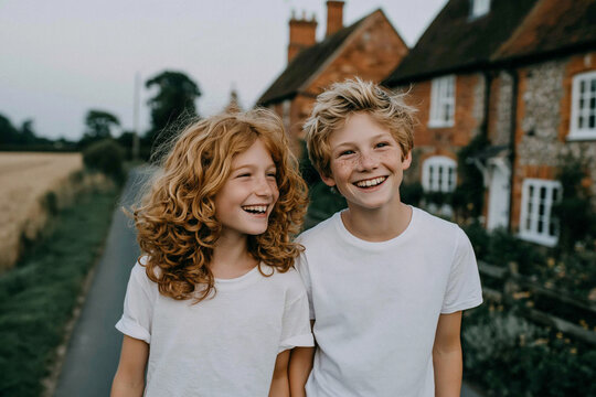 Two joyful siblings with messy blonde hair walking together outdoors in a quiet village