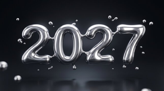 Liquid chrome silver 2027 3D numbers