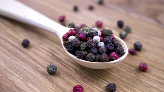 Mixed peppercorns in a wooden spoon on a rustic wooden table